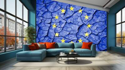  Flag of the European Union on cracked background, EU Europe elections 2024 crisis concept Wall mural