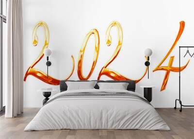 2024, new year greetings, elegant shiny 3D golden metal letters isolated on transparent background, png file Wall mural