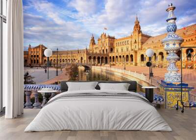 Blue azulejos bridge on Plaza de Espana (Spain square), Seville famous landmark, Andalusia, Spain Wall mural