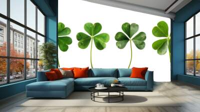 Collection set of green lucky clover and shamrock isolated on transparent background, Saint Patrick day celebration symbol, png file Wall mural