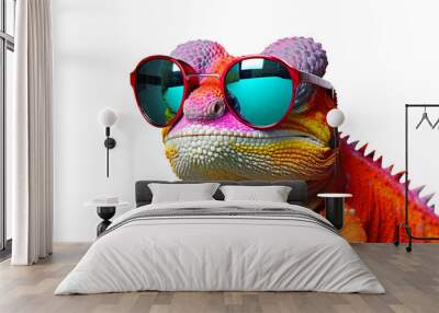 Colorful chameleon lizard with sunglasses isolated on transparent background, png file, fun exotic pet, creative colors concept Wall mural