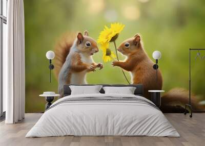 Cute squirrel offering a flower gift to its lover, fun wildlife, love and Valentine's day greeting card Wall mural