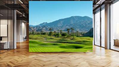 Green lawn and palm trees on a golf course in Palm Springs, California Wall mural