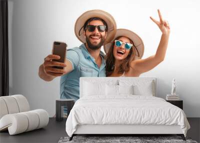 Happy young couple taking a selfie with a smartphone, smiling man and woman on summer vacations, isolated on transparent background, png file Wall mural