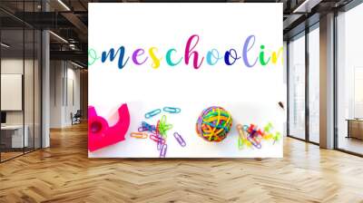 Homeschooling web banner. Panorama of colorful school supplies isolated on white background. Wall mural