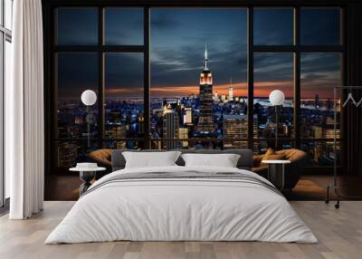 Luxury lounge in apartment with a large window and view on New York skyline and the Empire State building at night, high-rise real estate property Wall mural