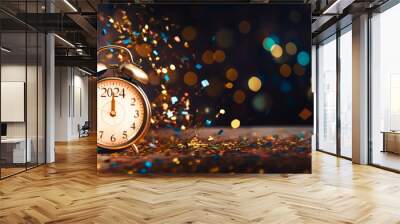 Midnight on New Year eve 2024, alarm clock on panoramic bokeh lights glittering background with copy space Wall mural