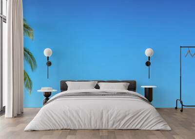 Palm tree on panoramic blue sky background with copy space, vintage style Wall mural