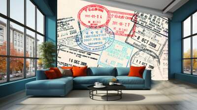 Passport visas stamps on sepia textured, vintage travel collage panoramic background and web banner Wall mural