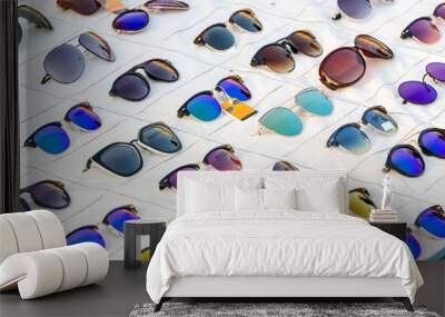 Photo of a display of a collection of many colorful sunglasses for sale in a street, summer and sun fashion and lifestyle accessory Wall mural