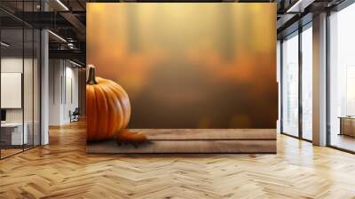 Pumpkins and autumn leaves on wooden planks with copy space, autumnal forest background, fall, halloween and thanksgiving panoramic web banner Wall mural