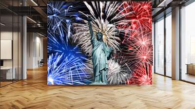 Statue of Liberty, blue white and red fireworks July 4th celebration in New York Wall mural