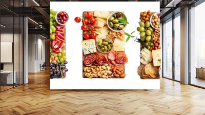 Top view of 3 gourmet fancy charcuterie boards isolated on transparent background, assortment of yummy food with cheese bites, salami cuts, nuts and fruits, antipasti and tapas snack party, png file Wall mural