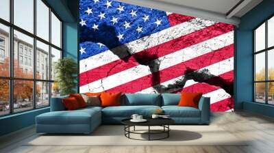 US divided concept, republicans democrats society polarization, american flag on cracked background, 2024 presidential election in America Wall mural