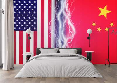 Vertical lightnings between flags of USA and China. Concept of crisis between two nations, Washington and Beijing Wall mural