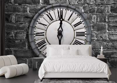 Vintage retro style clock on a brick wal, black and white Wall mural