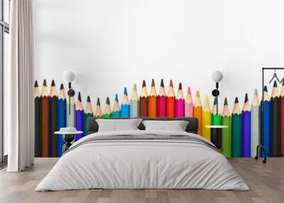 Wave of colorful wooden pencils in a row isolated on white background, panoramic background, back to school web banner concept Wall mural