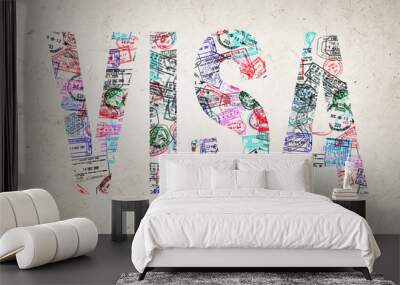 Word visa created with passport stamps on textured background, travel concept Wall mural