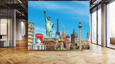 World landmarks and famous monuments panoramic collage on blue sky background Wall mural