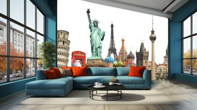 World landmarks and famous monuments photo collage isolated on panoramic transparent background, international travel, study and business, png file Wall mural