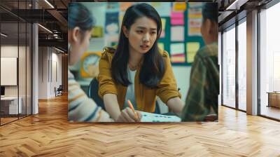 Motivated Asian female group leader standing explaining work on project paperwork, brainstorming with multiethnic team Wall mural