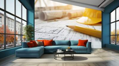 Blueprint floor plan architectural project on the table with yellow helmet and pencil Wall mural