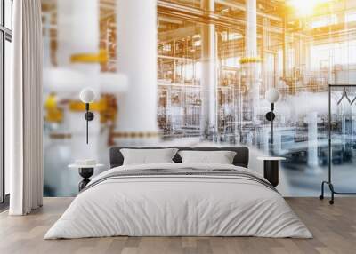 Double exposure of oil refinery and pipelines with a technology concept. Industrial and innovation theme. Wall mural