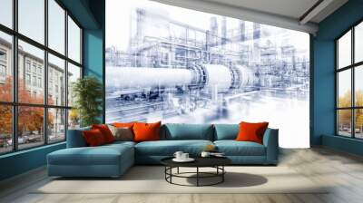 Double exposure of oil refinery and pipelines with a technology concept. Industrial and innovation theme. Wall mural