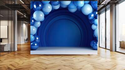 Generative AI, arch of blue balloons. Birthday party for boy 3d background, shower. Mockup, template for greetiing card. Wall mural