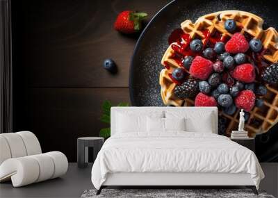 Generative AI, Assorted Belgian waffles with fruit and syrup, sweet baked dessert Wall mural