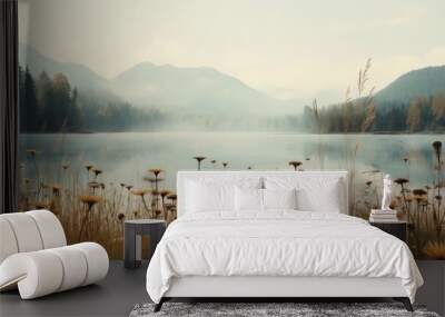 Generative AI, Autumn aesthetic landscape panorama, muted neutral colors.  Wall mural