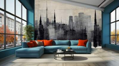 Generative AI, Black watercolor abstract cityscape painted background. Ink black street graffiti art on a textured paper vintage background, washes and brush strokes.. Wall mural