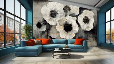 Generative AI, Black watercolor abstract painted flowers on vintage background. Ink black street graffiti art on a textured paper, washes and brush strokes.. Wall mural