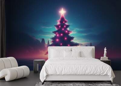 Generative AI, Christmas tree in cyberpunk style, futuristic nostalgic 80s, 90s. Neon lights vibrant colors. Wall mural