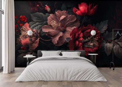 Generative AI, Close up of blooming flowerbeds of amazing red color flowers on dark moody floral textured background. Photorealistic effect.. Wall mural