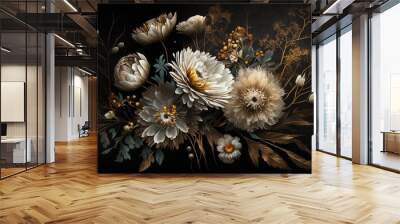 Generative AI, Close up of blooming flowerbeds of amazing white and golden flowers on dark moody floral textured background. Photorealistic effect.. Wall mural