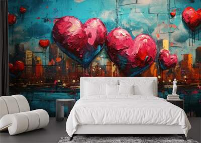 Generative AI, Colorful hearts as graffiti love symbol on the wall, street art. Melted paint.	
 Wall mural