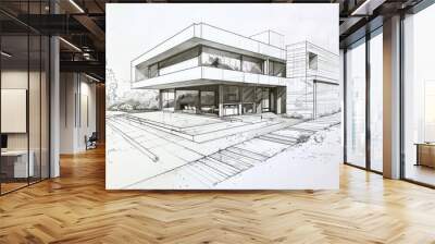 Generative AI, Contemporary architectural sketch with pencil and markers of a house facade, technical drawn background	
 Wall mural