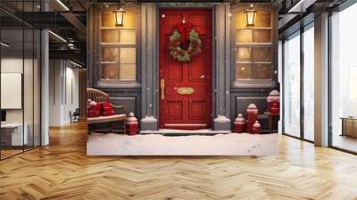 Generative AI, Front door with Christmas decoration, wreath and garland. Red and grey colors Wall mural