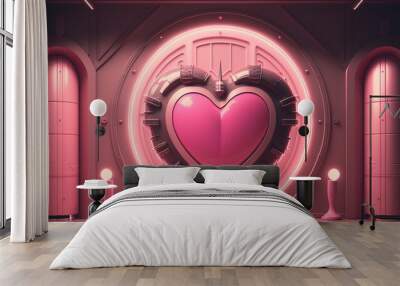 Generative AI, Futuristic space ship room with pink heart in cyberpunk style illustration. Love, feelings, romantic St. Valentine's Day concept. Sci-fi, realistic 3d effect.. Wall mural