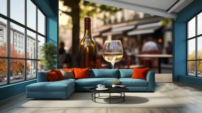 Generative AI, glass of white wine and bottle on wooden table with blur background with lights of street bar, cafe, coffee shop or restaurant, wine mock up	
 Wall mural