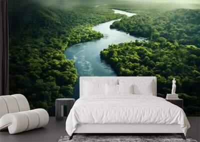 Generative AI, green beautiful amazonian jungle landscape with trees and river, drone view Wall mural