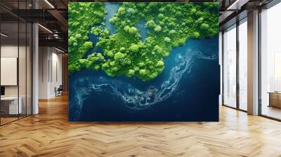 Generative AI, green beautiful amazonian jungle landscape with trees and river, drone view Wall mural