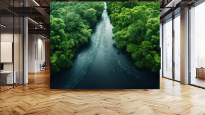 Generative AI, green beautiful amazonian jungle landscape with trees and river, drone view Wall mural