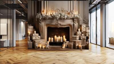 Generative AI, Luxury beige interior with Christmas golden and white decoration Wall mural