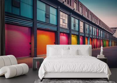 Generative AI, Mini colorful metal self storage facilities rental units, warehouse exterior, industry garage building. Wall mural