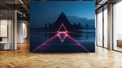 Generative AI, minimalist island paradise with geometric neon light bridge, futuristic landscape Wall mural