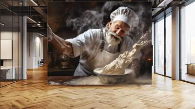 Generative AI, Old man hands of baker in restaurant or home kitchen, prepares ecologically natural pastries. Wall mural