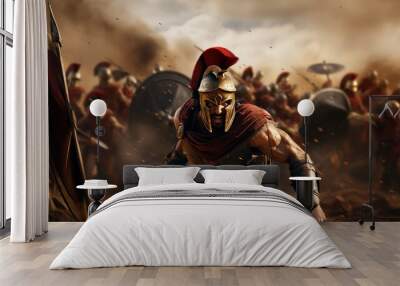 Generative AI, Realistic illustration of a fierce gladiator attacking, running. Armoured roman gladiator in combat wielding a sword charging towards his enemy.	
 Wall mural