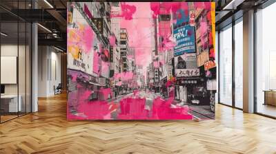 Generative AI, retro grunge pink and yellow collage poster with asian cityscape, different mixed textures  Wall mural